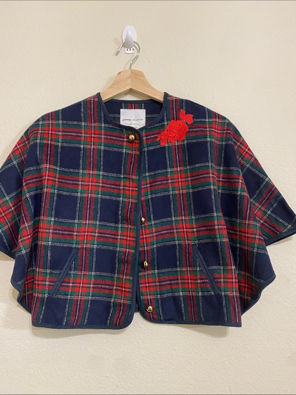 Janie and Jack Navy Plaid Cape with Red Floral Applique